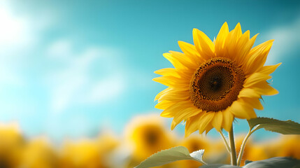 Obraz premium Vibrant sunflower basking in sunlight against a clear blue sky, symbolizing warmth and positivity.