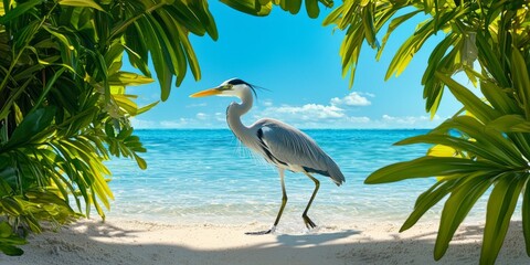 Fototapeta premium Heron Wading on Tropical Beach Paradise Exotic Bird Ocean Plants
