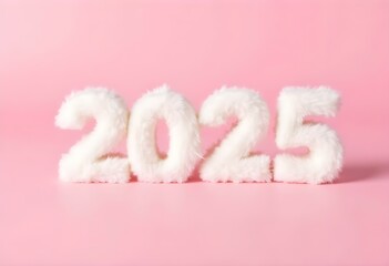White numerical figures 2025 on a soft, fluffy pink background symbolize the celebration of the new year 2025. the playful texture adds festivity to the upcoming new year vibes.
