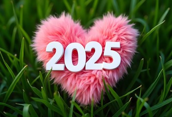 Pink furry heart-shaped decoration with white digits 2025 placed on a lush green grass background, symbolizing the welcoming of the new year 2025.
