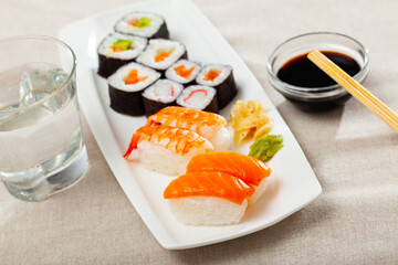 Futomaki, hosomaki and nigiris - japanese rolls closeup. High quality photo