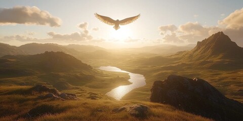Naklejka premium Majestic Owl Soaring over Golden Sunset Meadow Landscape