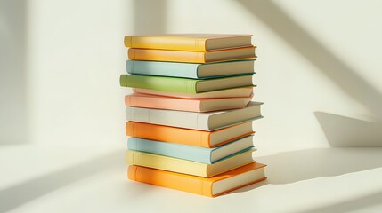Stack of colorful books in sunlight.