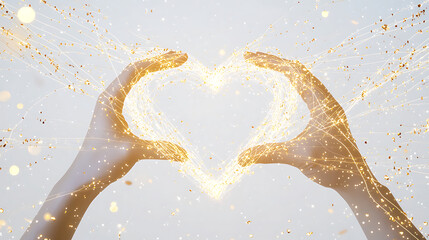 A pair of hands holding a heart with a lot of sparkles