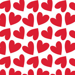 Seamless pattern of simple red hearts isolated on white for wrapping paper or fabric. Hand drawn style.