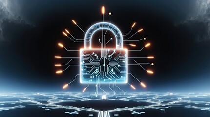 Neural network at closed padlock illustration for safety link with dark background