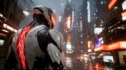 Futuristic soldier in rain-soaked cyberpunk city, viewed from behind, glowing red energy lines on back.