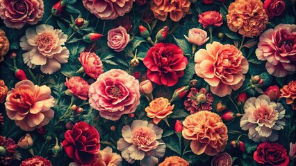 Retro floral wallpaper: Night-blooming carnations in cottagecore garden charm.