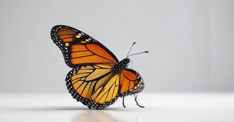 Obraz premium Colorful monarch butterfly on a white background with subtle reflections, colorful, organic