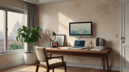 Sunlit Home Office Workspace With City View