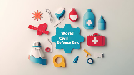 Fototapeta premium Celebrating World Civil Defence Day: A Colorful Papercraft Illustration of Essential Emergency Supplies and Protective Gear