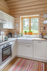 Fototapeta premium Rustic White Kitchen With Wooden Walls And Window View
