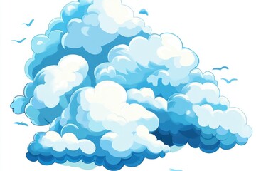 Obraz premium A Stunning Illustration of Fluffy Blue Clouds and Birds in Flight Against a White Background