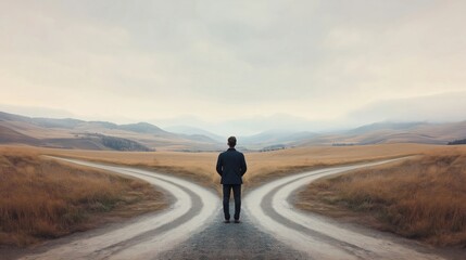 Man stands at crossroads in rural landscape. Uncertain day. Choices of paths. Decision making. Vast landscape. Empty road. Life choices. Future uncertain.