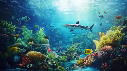 Fototapeta premium Beautiful Underwater Scenery with Various Types of Fish, Coral Reefs, and Green Plants