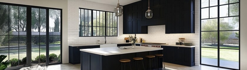 Fototapeta premium Modern Farmhouse Kitchen Island Design With Dark Cabinets