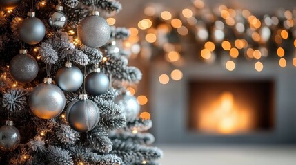 Cozy Christmas tree with grey ornaments glows near fireplace. Festive lights create warm atmosphere. Perfect for holiday gatherings. Minimalist decor. Inviting scene. Holiday spirit. Warm tones.