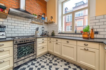 Fototapeta premium Classic Kitchen Design With Brick Accents And Modern Appliances