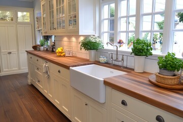 Elegant Cream Kitchen With Wooden Countertop And Farmhouse Sink