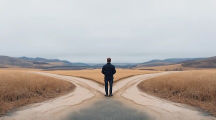 Man stands at crossroads. Uncertain day. Vast landscape stretches out before. Life choices. Decision making. Path ahead unclear. Concept of uncertainty. Autumnal fields. Two paths diverging.