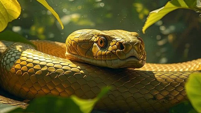 A large golden King Cobra in a forest with a stream.