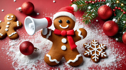 christmas gingerbread man with megaphone announcing festive news, red snowy background, holiday cheer
