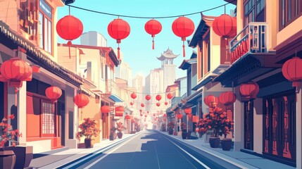 Old Asian city street with red lantern in cartoon style. Chinatown cartoon landscape. Vietnam town buildings illustration. China city street. Generated by artificial intelligence