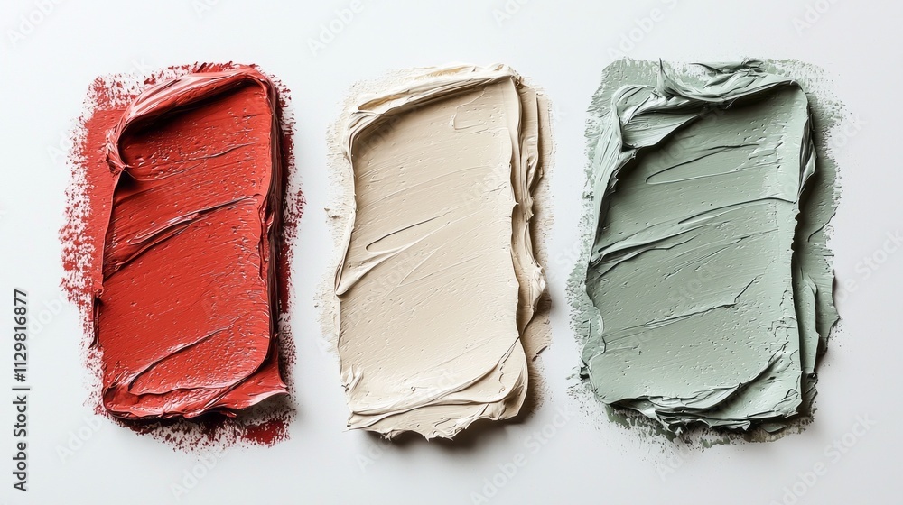 Poster three vibrant color swatches are arranged flatly on a smooth surface, showcasing a deep red, a soft 