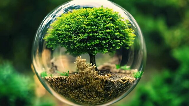 Tree inside a transparent sphere, concept of environmental protection and sustainability