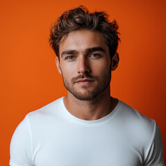 Fototapeta premium Handsome man Turn sideways for skin care and cosmetics concept White shirt on orange background