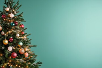 Christmas tree decorated with colorful ornaments, lights against soft teal background. Festive holiday scene. Festive, vibrant display. Wonderful xmas tree. Ornaments multicolored. Perfect for
