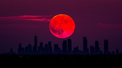 Blood moon rising over a city skyline at night.