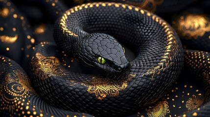 Fototapeta premium Captivating Black Snake with Golden Patterns in Serene Natural Habitat Macro Photography Wildlife Close-Up View