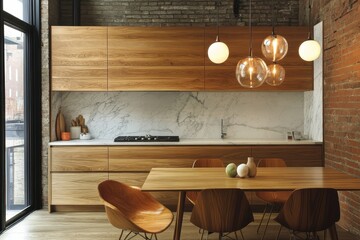 Modern Kitchen Design With Wood Cabinets And Marble Backsplash
