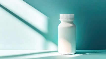 White supplement bottle on teal background with sunlight.