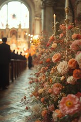 Fototapeta premium Grieving Individuals at Funeral Carrying Casket Surrounded by Flowers and Candlelight in Solemn Church Atmosphere