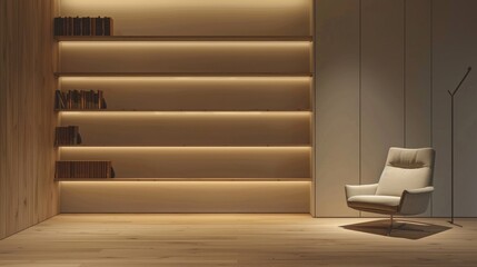 A minimalist library with floating wooden shelves, a sleek armchair