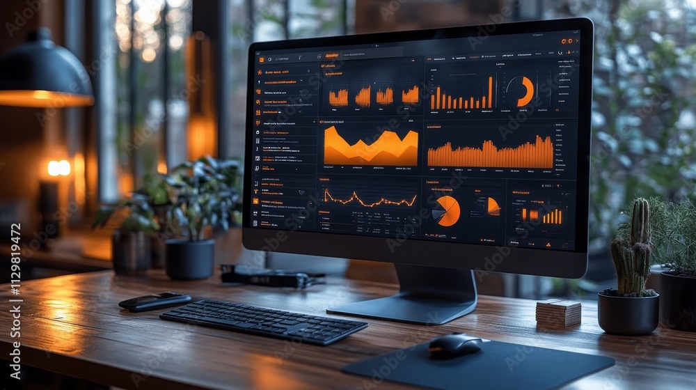Poster real-time remote work dashboard displaying analytics and metrics in a cozy workspace setup