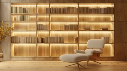 A minimalist library with light wooden shelves, a simple armchair