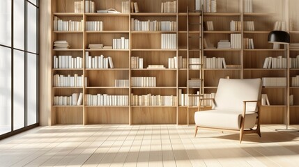 A minimalist library with light wooden shelves, a sleek armchair