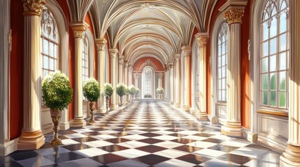 Obraz premium Old Royal Castle Hallway Interior design illustration