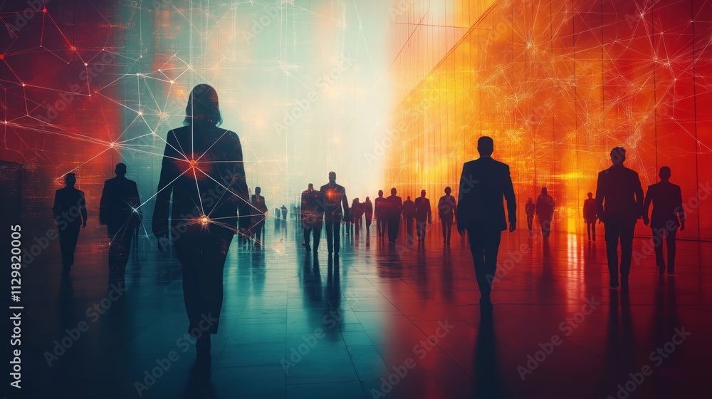 Poster business people walk in modern hall. silhouettes of people moving in large building with network con