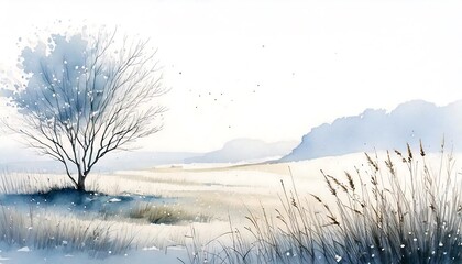 Watercolor painting of winter with tree and wild grass meadow