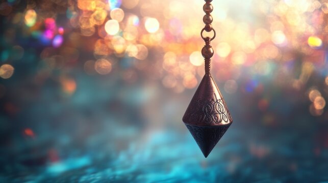 A close-up of an intricately carved metallic pendulum suspended on a delicate chain, set against a vibrant abstract background with colorful bokeh lights. The soft focus adds a mystical and dreamlike