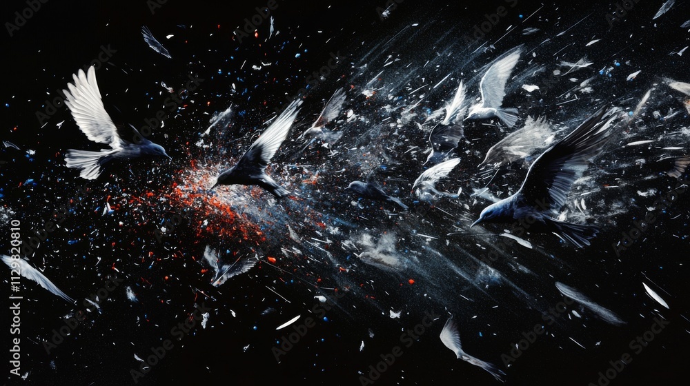 Poster a captivating visual of birds in mid-flight, surrounded by an explosion of feathers and dynamic spla