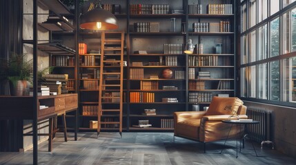 A modern loft library with metal and wood shelves, a minimalist reading chair