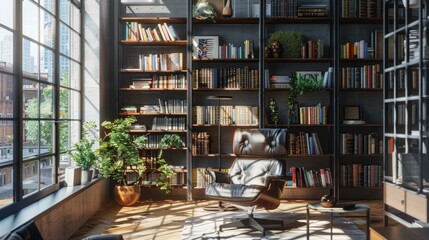 A modern loft library with metal and wood shelves, a minimalist reading chair