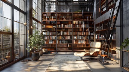 A modern loft library with metal and wood shelves, a minimalist reading chair