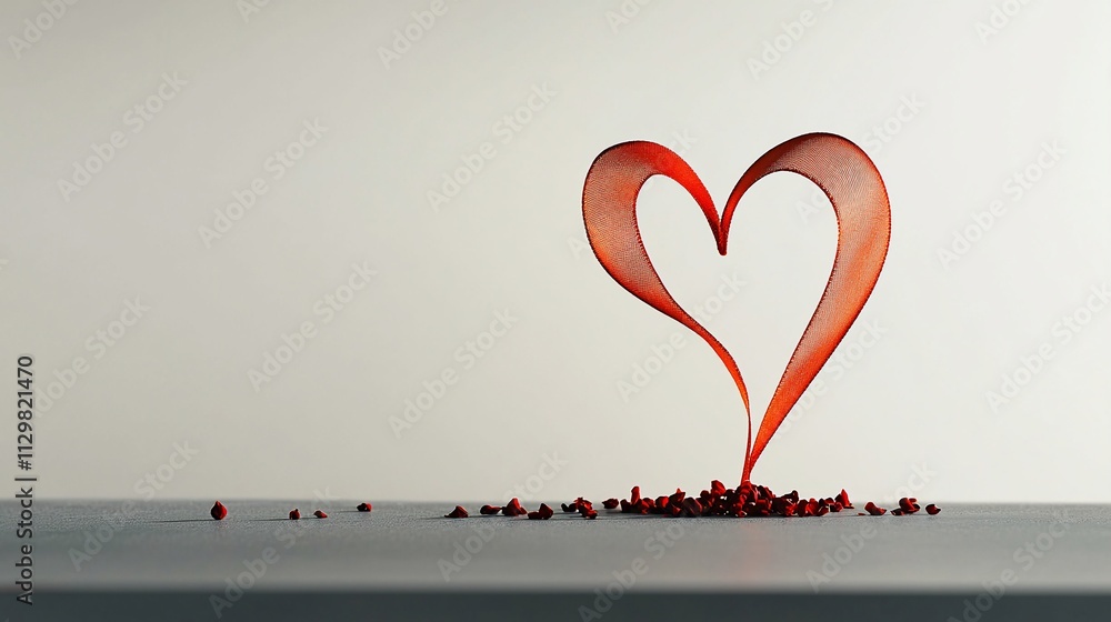 Poster abstract red heart shape with scattered particles.