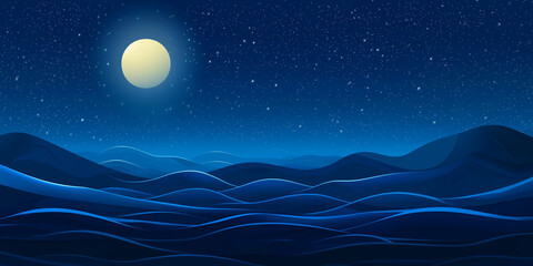 Obraz premium Bright Full Moon and Twinkle Stars in Dark Blue Night Sky Banner. Abstract image of brilliant full moon and glowing stars in the dark blue night sky for background, banner or poster